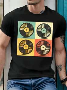 Maglietta grafica con disco in vinile retrò primaverile, cotone morbido, stampa artistica, casual, traspirante - nero - Visualizzare 1