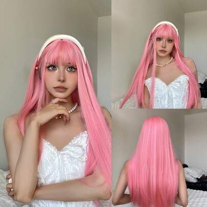 浅粉色长直发合成假发，带刘海，适合角色扮演、万圣节、洛丽塔风格，彩色假发，适合女性，非洲裔自然发质，耐热