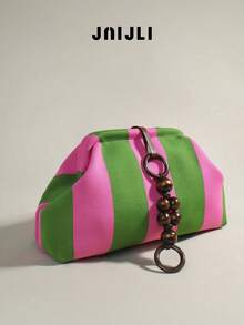 JNI JLI Beige & Black Striped Clutch Purse With Wooden Bead & Ring Detail Women Stylish Handbag Cross Body Bag Travel Essential Casual Daily Use Bags Vintage Sling Bag Fashion Handbags Mini Purses Practical Shoulder Bag Clutch Bag Ladies Daily Purse Versatile Crossbody Shoulder Bag Spacious Evening Bag Must-Have Outfit Accessory Everyday Use Fashion Purse Casual Style Shoulder Bag - Màu xanh Ô liu - Xem 2