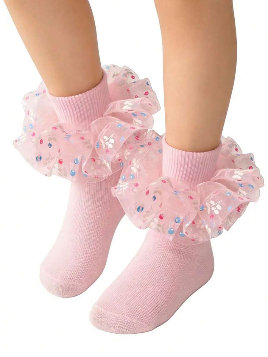 1 Pair Girls' Pink Ruffle Lace Trim Socks, Princess Baby Socks With Big Ruffle Hem - Pink - View 1