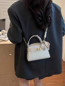 女士方形手提包，时尚优雅小巧，配有同色系围巾搭扣，白色，适合斜挎、通勤，可装手机、口红等物品 - 白色 - 查看 6