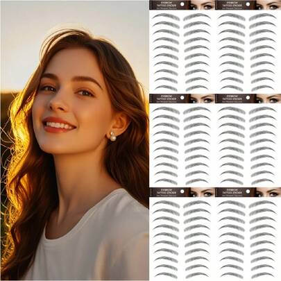 6张60对黑色4D逼真毛发状眉毛纹身贴纸，防水持久，适用于眉形修饰和化妆