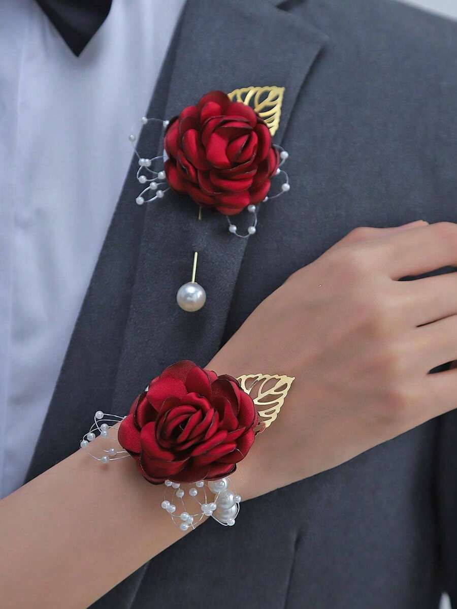 1 pieza/2 piezas Broche y corsage de muñeca con flor de rosa burdeos y hojas doradas, adecuado para novio, novia, padrino, dama de honor, decoración de boda, eventos formales, fiestas - Burdeos - Ver 1