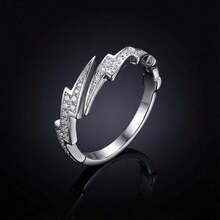 不对称闪电形合成锆石情侣戒指，情人节珠宝礼物 - 白色 - 查看 9