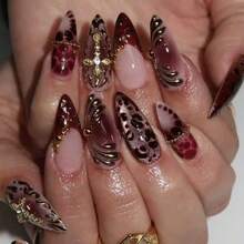 24pcs/Set 3D Nails Women Girls Medium Almond Tips Leopard Polka 3D Embossed Flowers Design Press On False Nail Art - 3801 - 查看 9