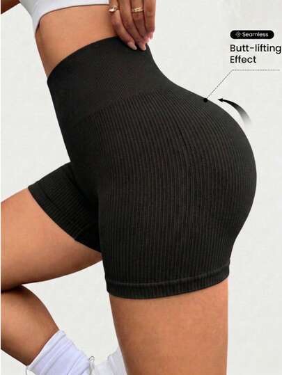 1件装女士黑色罗纹高腰塑形短裤，收腹提臀无缝塑身衣，适合健身和日常穿着