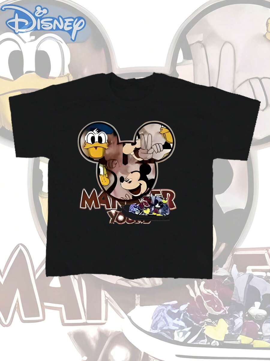 Disney Mickey Mouse Men's Summer T-Shirt, Distressed Finish, One-Piece Design, Pure Cotton Fabric, Comfortable And Breathable, Casual Outdoor Street Style, Crew Neck; A High-Quality Fashion Brand, It's The Ideal Surprise Gift For Family And Friends. - 黑色 - 查看 1