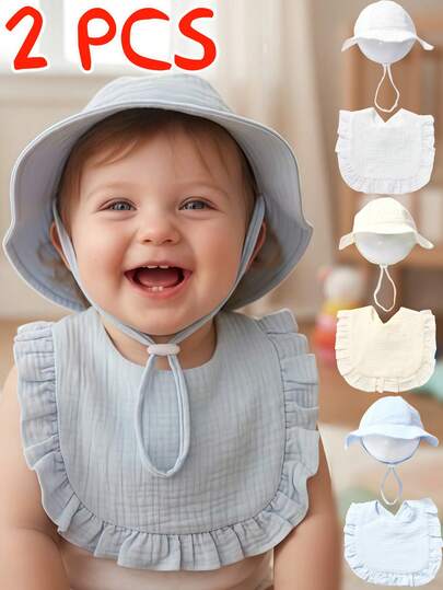 Bộ 2 món mũ xô và yếm cho bé, bộ mũ chống nắng và yếm thấm nước dãi cho trẻ sơ sinh, yếm xếp ly nhẹ, thoáng khí, dây buộc điều chỉnh được, nhiều màu sắc để lựa chọn, dùng hàng ngày và ngoài trời.