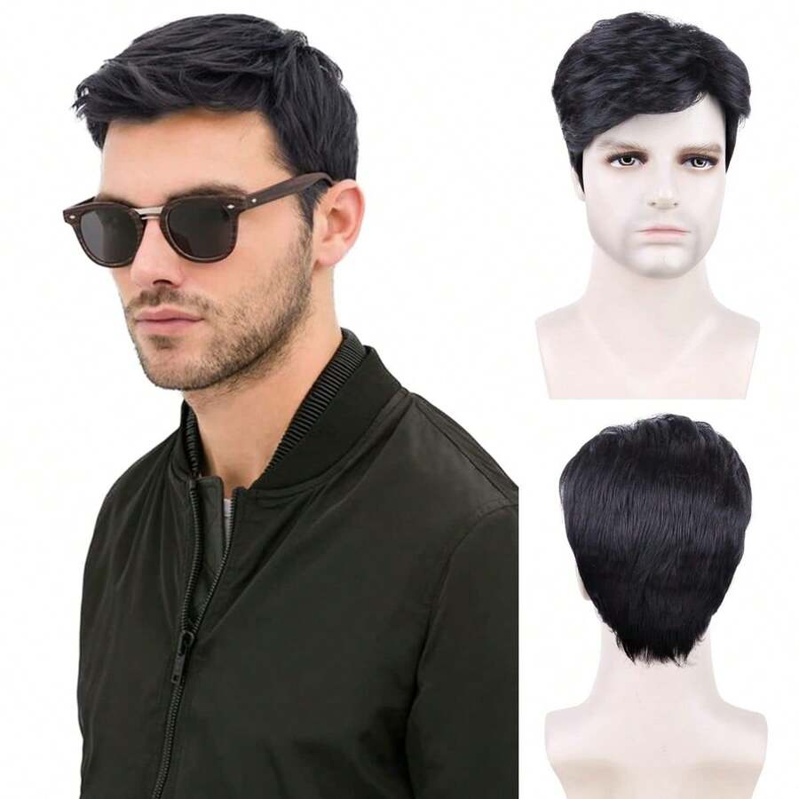 A Men's Wig With Short Hair, Black Curly Hair, Men's Halloween Costume, Synthetic Cosplay Wig - 黑色 - 查看 1
