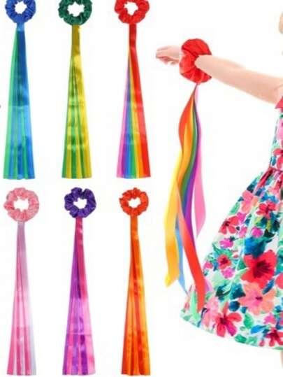 2pcs Rainbow Color Wrist Ribbon, Polyester Curly Hair Scrunchies, Dance Performance Ribbon, Team Gymnastics Ribbon, Suitable For Graduation Show, Daily Headwear, Versatile Ribbon For Girls