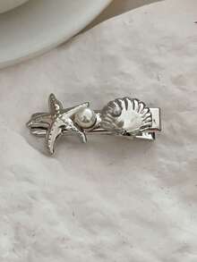 2 piezas Clips de pelo de lujo con estilo oceánico de aleación, estrella de mar, concha, grandes accesorios para el cabello con textura acanalada de vieira - Multicolor - Ver 6