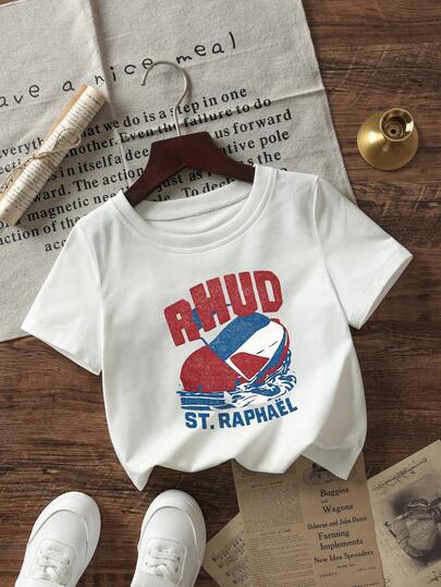 1pc Infant/Toddler Boys' Creative Cartoon Graphic Letter Slogan Print Basic Round Neck Short Sleeve T-Shirt, Casual & Fashionable