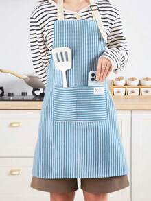 1pc Adjustable Colorful Striped Apron, Unisex, Minimalist Style, With Pockets, Breathable & Cool, Suitable For Chefs, Waiters, Kitchen Cooking, BBQ, Barbers, Practical Kitchen Tool, Machine Washable (Blue Striped), Great Christmas Gift - Blue - View 3