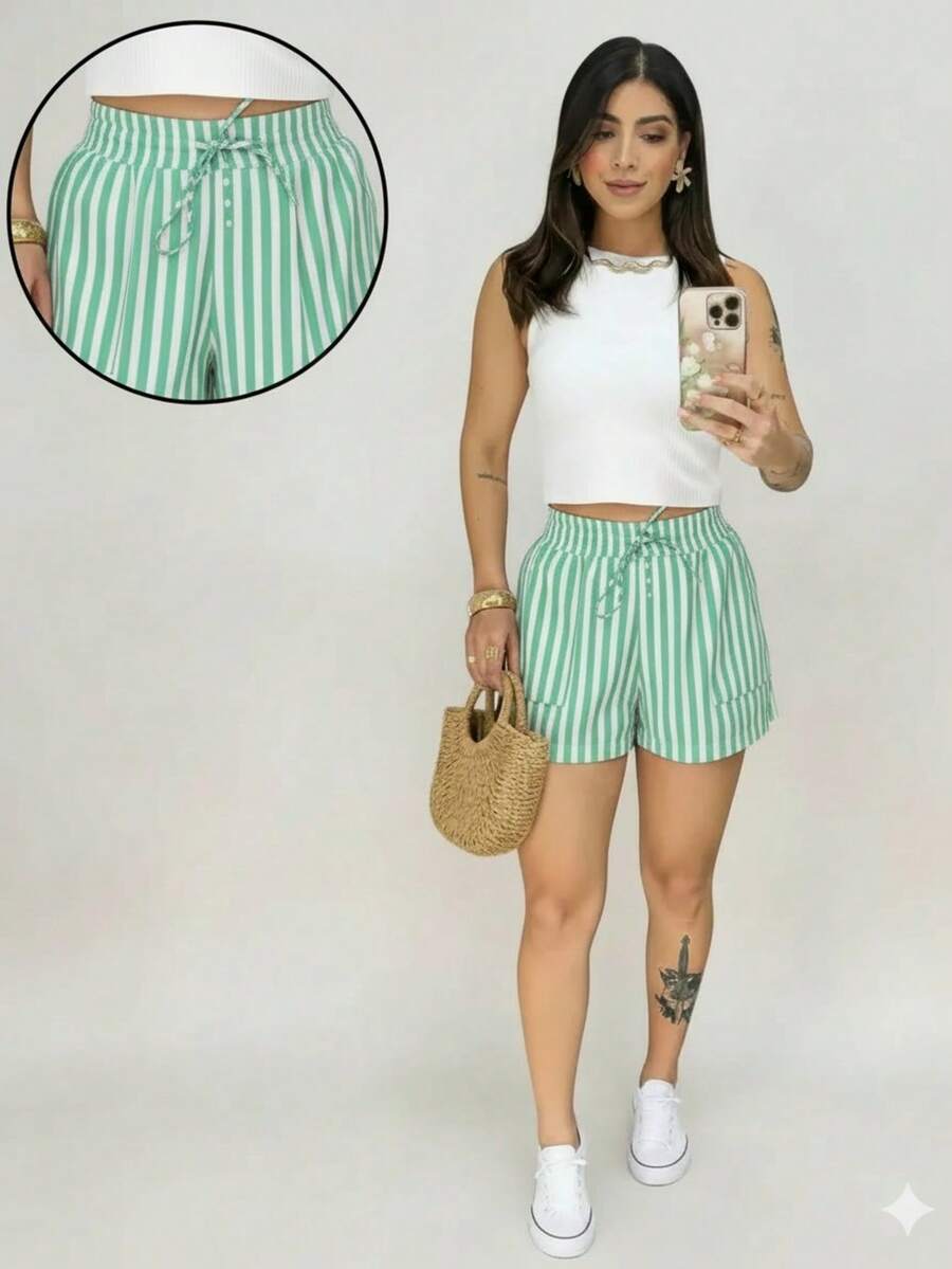 LINEN STRIPED SHORTS - Mint Green - View 1