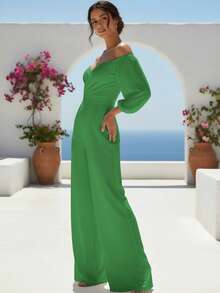 Mujer elegante mono con diseño cruzado busto fruncido cintura ajustada holgado palabra de honor manga larga primavera verano fiesta pierna ancha - Verde Menta - Ver 3