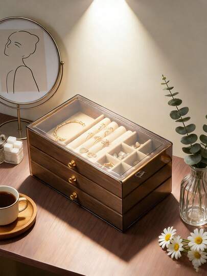 1个豪华黑胡桃木首饰盒，三层木质首饰收纳盒，抽屉式首饰盒，亚克力首饰整理架，经典风格首饰收纳盒，耳环、戒指、项链、手镯、吊坠收纳展示架，浴室收纳盒，桌面抽屉盒，可堆叠收纳架