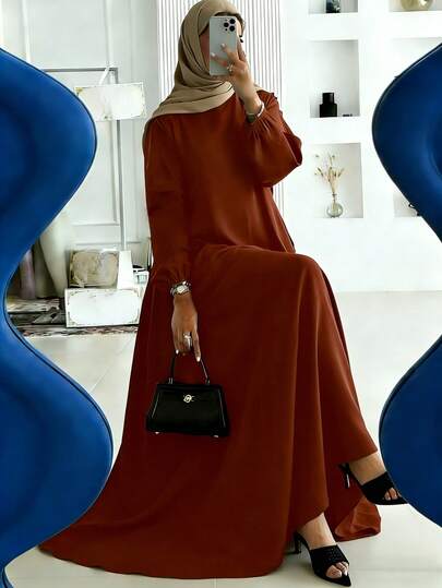 Women's Solid Color Arabic Traditional Long Dress, Elegant Loose Long Dress With Long Sleeve Design, Flowing Abaya Style, Suitable For Casual, Party And Nighttime Wear Spring
