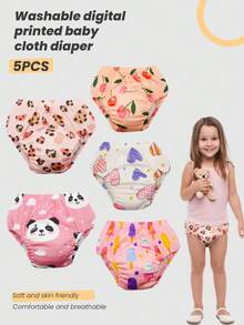 5 chiếc quần tập đi vệ sinh in kỹ thuật số, có thể giặt, dành cho cả bé trai và bé gái, có thể tái sử dụng. - Hoa anh đào hồng - Xem 6