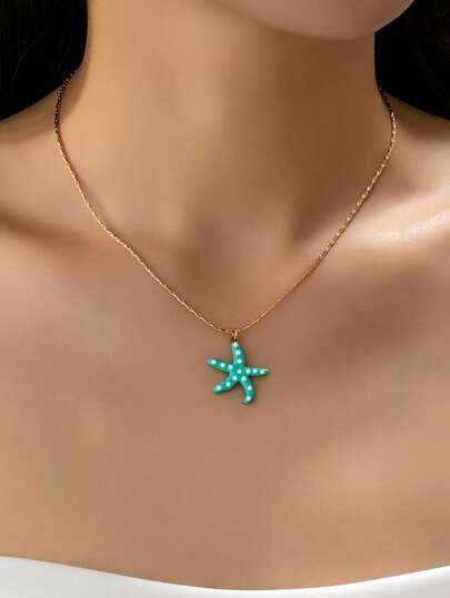 1 pieza Collar colgante de estrella de mar minimalista y elegante, collar colgante de estrella de mar con tema oceánico y vida marina, joyería de vacaciones de verano, acero inoxidable chapado en oro de 18K resistente al agua