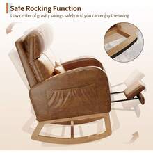Silla basculante con reposapiés, Corduroy / PU cuero silla planadora con bolsillos laterales, silla de guardería con almohada, Silla basculante acento para sala de estar dormitorio sala de enfermería - Cuero PU naranja - Ver 8