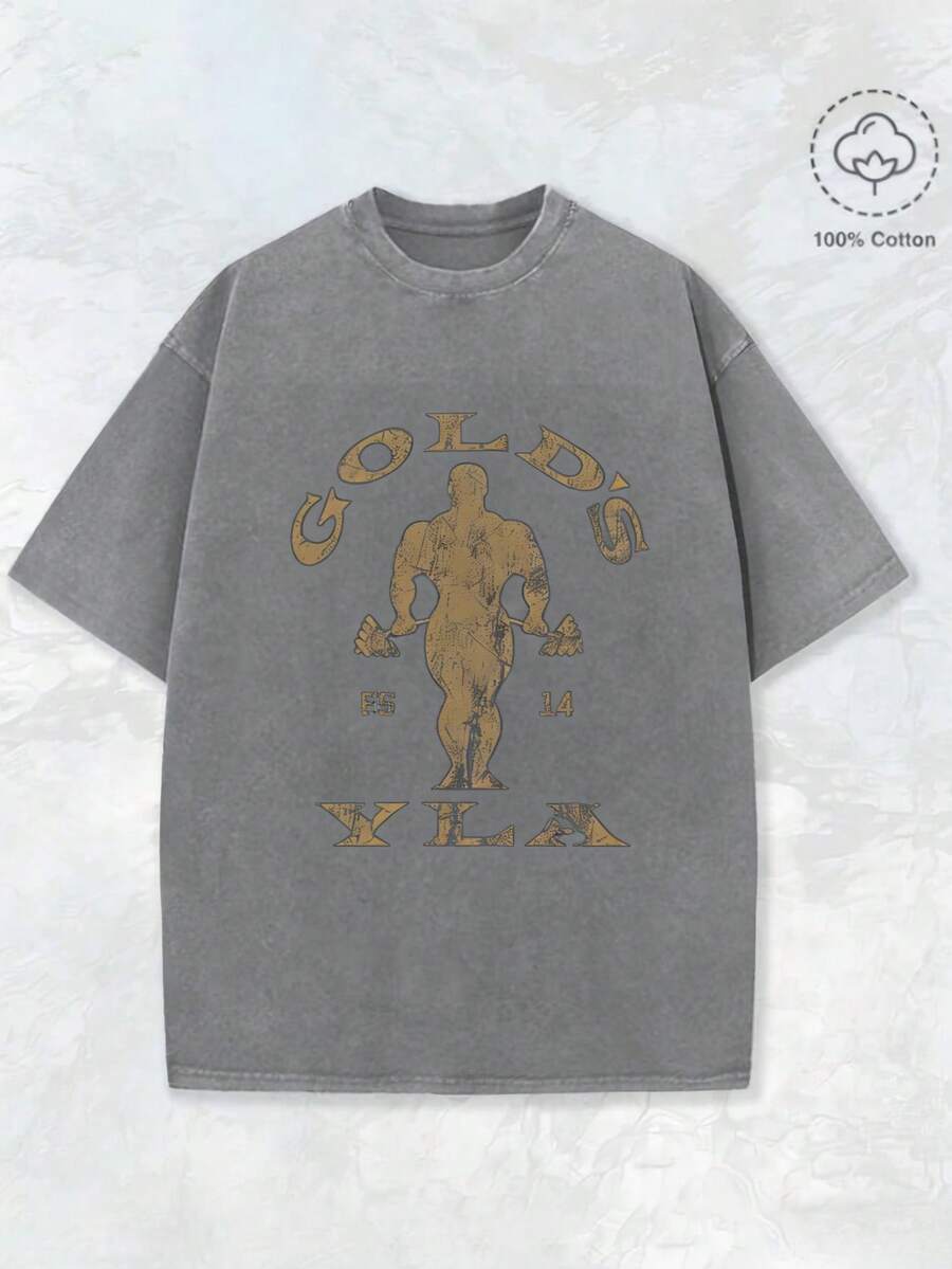 Gym Motivation Design With Golden Lettering & Weightlifting Art Print Washed T Shirt 230gsm, Round Neck Gym & Outdoor Sports Apparel, All-Season Fitness Shirt, Training Gear, Sporty Design, Durable Construction, Performance Wear, Casual Athletes, Halloween & Christmas Casual Wear, Gym Shirts, Comfortable Fit Shirt, Workout Clothing, Street Style, Fitness Enthusiasts2025 - 灰色 - 查看 1