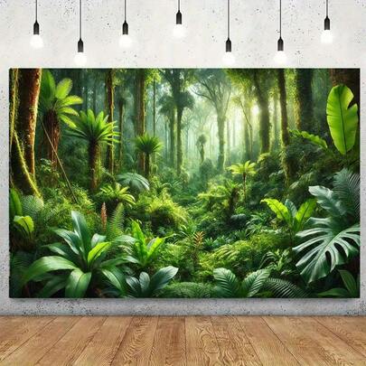 1pc Tropical Rainforest Backdrop - Jungle Scene With Sunlight Filtering Through Trees, Dense Greenery And Ferns, Suitable For Home Decor, Parties, Outdoor Events - No Electricity Needed, Durable And Easy To Hang, Forest Style Decor, Sunlight Filtering Design, Convenient Hanging