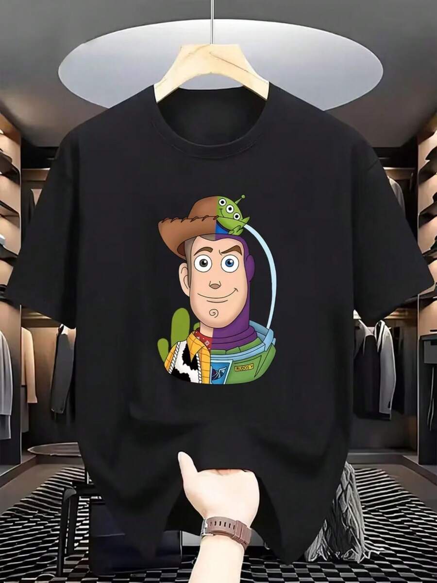 Disney Licensed Woody Buzz Patchwork, Super Cool Graphic Print Men'S T-Shirtwith Three-Eyed Alien Embellishments, Round Neck Casual ComfortableTee, Breathable And Lightweight,  Streetwear, Men'S Casual Top - Black - View 1
