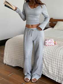 两件套女士蕾丝拼接长袖上衣+松紧腰裤可爱睡衣套装 - 灰色 - 查看 4