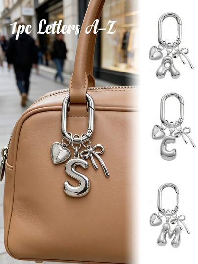 Silvery Bubble Letter A-Z Keychain For Women, Cute Alphabet Initial Charm With Heart & Bow Pendant, Shiny Metal Letter Key Ring, Personalized Bag Charm, Handbag Backpack Purse Hanging Accessory, Car Keychain Decoration. Ideal For Daily Use, Travel, School, Shopping, Gifting. Perfect For Valentine'S Day, Birthday, Christmas, Holiday Gifts For Girls, Teens, Women, Friends.