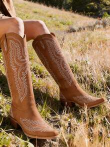 Retro Women's Cowgirl Boots Pointed Toe Embroidery Chunky Mid Heel Pull On Western Boots Outdoors Knee High Boots - 棕色 - 查看 2