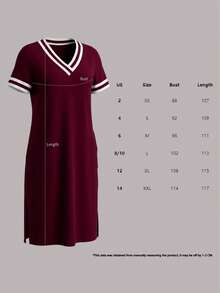 时尚女士宽松简约V领短袖连衣裙，喇叭裙摆侧开衩，夏季优雅 - 酒紅色 - 查看 4