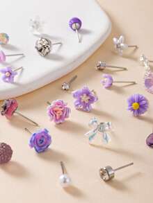 30pcs/Set Delicate Earring Set, Cute & Fashionable Bowknot, Flower, Heart Shaped Metal & Faux Pearl Rhinestone Elements, Versatile Daily Wear Minimalist Earrings For Women - Multicolor - View 3