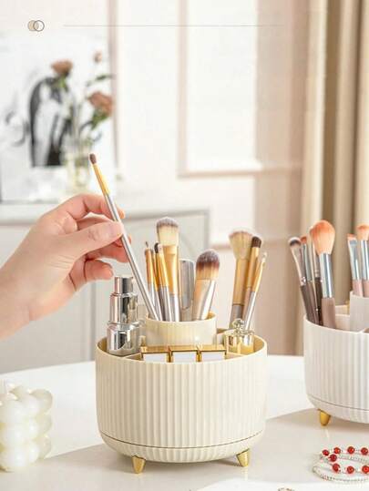 5-Slot Rotating Makeup Brush Holder,Large Capacity Cosmetic Organizer For Brushes, Eyebrow Pencils & Lipsticks,Portable Vanity Storage Case For Dresser, Bathroom, Office Desktop Stationery Storage Box Or Travel