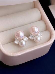 1 Pair French Style Crystal & Faux Pearl Stud Earrings, Versatile Fashion Earrings For Girls - Pink - View 3