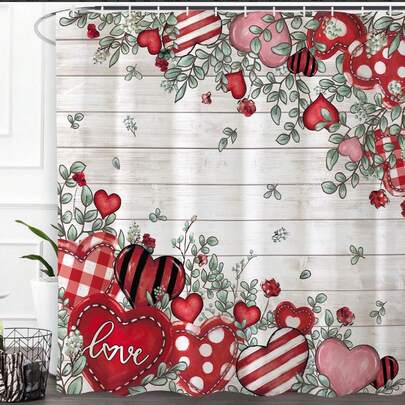 1件装爱心图案浴帘，红粉格子爱心浴帘，适用于浴室浴缸隔断、浴室浴帘装饰、浴室配件