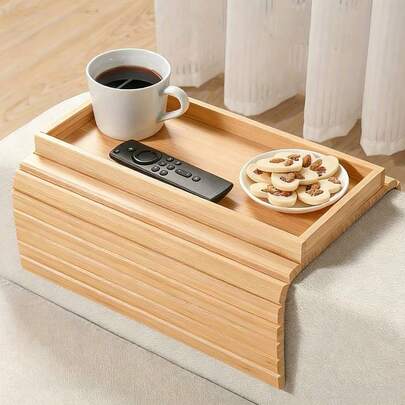 Foldable Bamboo Grain Armrest Tray, No Assembly Required, Non-Slip Cup Holder And Back Pad Suitable For Sofa, Living Room, Office, Can Hold Phone, Snacks, Remote Control, Drinks, Sturdy And Lightweight Armrest Tray, Space-Saving Design