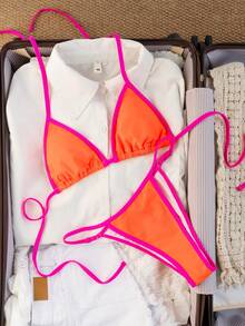 Contrast Color Sexy Casual Backless Beach Vacation Halter Bikini Set Summer - Orange - View 6