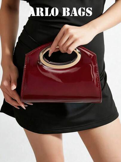 New European And American Style Glossy Evening Bag, Formal Clutch, Chain Bag, Party Bag, Wedding Bag. Made Of Burgundy PU Material, With Double Strong Magnetic Clasps And A Top Metal Chain Design, Perfect For Girls To Attend Parties And Gatherings.