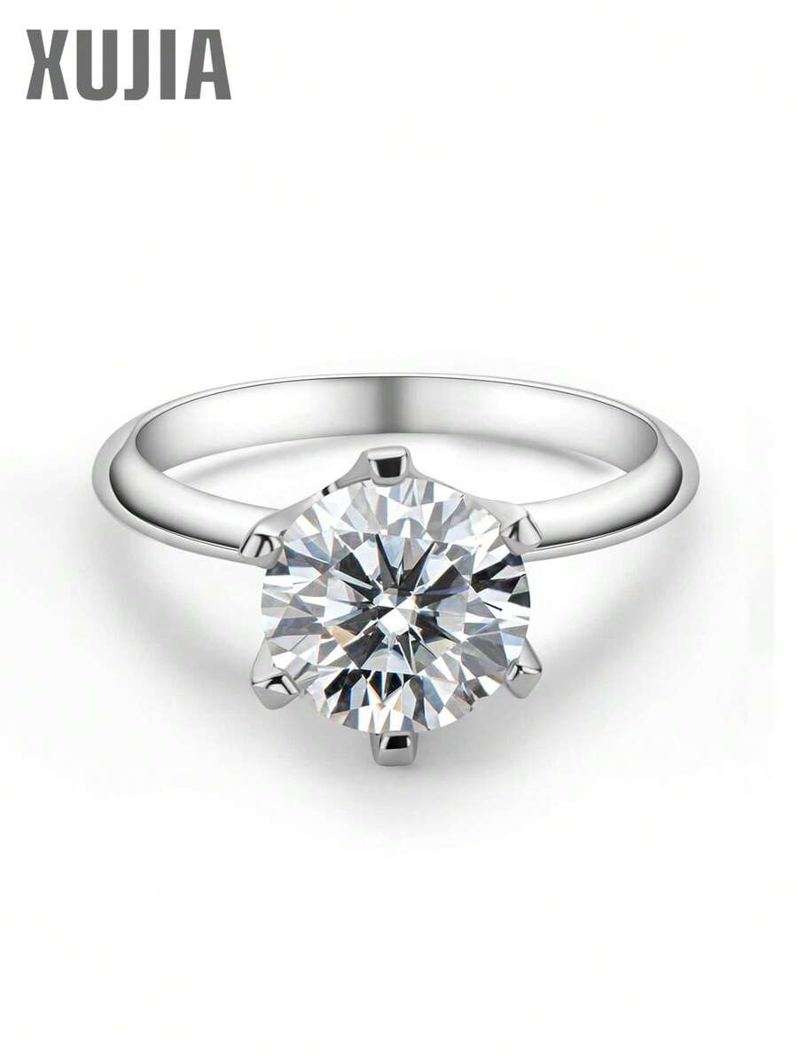 XUJIA 1枚3克拉莫桑石戒指，女士款式，D色，VVS1净度，9毫米圆形，完美切割，925纯银经典六爪镶嵌，银婚纪念戒指，结婚纪念日礼物，女士珠宝礼物