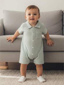 Mono de verano para bebé niño, camisa informal con textura a rayas, color liso, con botones y manga corta - Verde - Ver 1