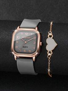 2pcs/Set Women's Silicone Square Watch With Numeric Dial, Classic Quartz Wristwatch + Heart-Shaped Bracelet (Watch Box Not Included) - Grey - View 3
