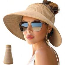 Women's Wide-Brimmed Roll-Up Beach Ponytail Hat, Foldable Travel Straw Sun Hat - Màu Khaki - Xem 1