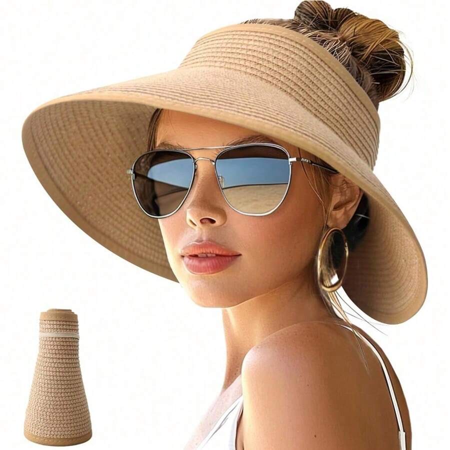 Women's Wide-Brimmed Roll-Up Beach Ponytail Hat, Foldable Travel Straw Sun Hat - Màu Khaki - Xem 1
