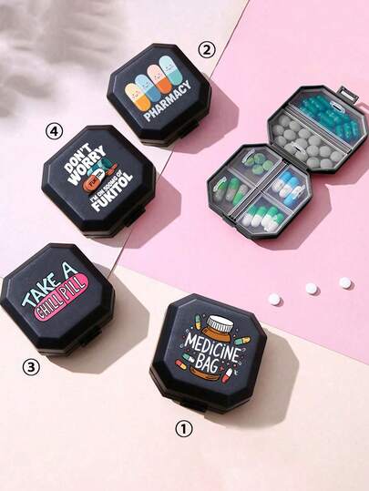 Portable Compartment Pill Box, 6 Grids Capsule Storage Box, Travel Pill Box, Medicine Box, Mini Pill Box With Printed Capsules, Pill, Letter, Medicine Bottle Patterns, 6 Grids Pills Organizer Travel Mini Pill Box For Tablet Moisture-Proof Medicine And Vitamins Container Dispenser Organizer, Pill Case, Pills Container, First Aid Kit Medical Bag Travel Accessories Dorm Essentials