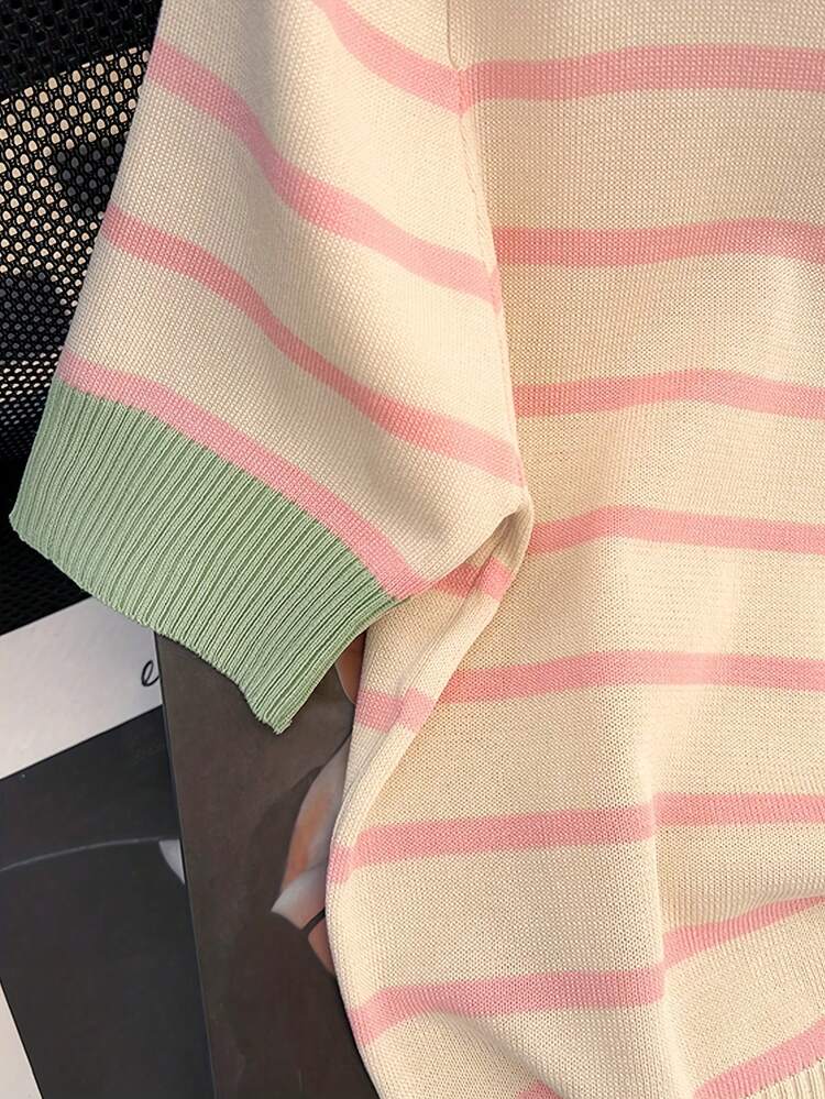 Women's Summer Striped Short Sleeve Knit T-Shirt, New Casual Versatile Chic Flattering Top - Pink - View 4