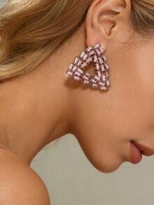 1 Pair Fashionable Women's Geometric Triangle Earrings, Creative Hollow Design Cubic Zirconia Triangle Elegant Earrings, Perfect Gift For Women - Pink - View 4