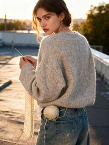 VIBEWAVE Women's Retro Round Neck Sweater, Autumn/Winter - Volcanic Gray - View 3