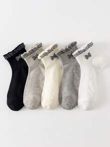 5 paires de chaussettes de cheville respirantes pour femmes, avec volants et nœuds, rayures noires, blanches et grises, pour le printemps/été - Multicolore - Voir 4