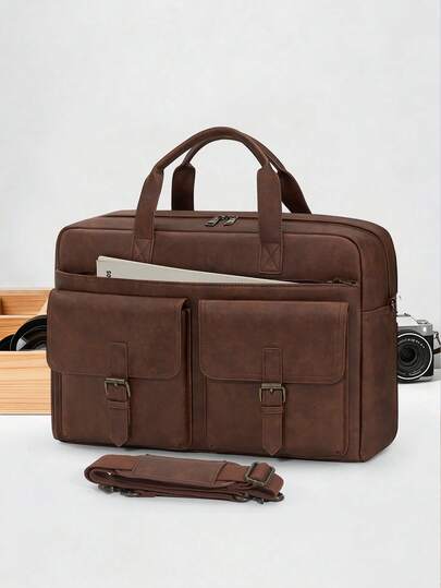 Túi xách nam cổ điển 16 inch, túi đeo chéo, túi đựng laptop bằng da, túi công sở kiểu vintage, túi đeo vai nam phù hợp cho văn phòng và du lịch, màu nâu/đen.