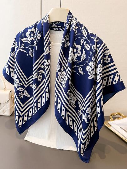 1pc Luxurious Elegant Floral Pattern Women's Spring/Summer Faux Silk Scarf, Versatile Fashion Neckerchief Shawl Sunscreen Wrap